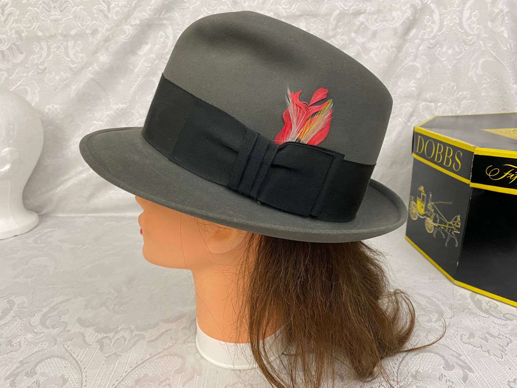 Vintage Men's Gray Fedora Hat Dobbs 5th Ave Ribbon & Feather