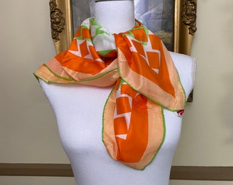 Sally Gee Scarf Silk & Rayon Vintage Women's Fashion Scarf Lime Green Orange Geometric 28" S411