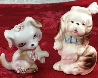 2 Vintage Porcelain Whimsical Dogs Figurines Bows and Big Smiles  D23