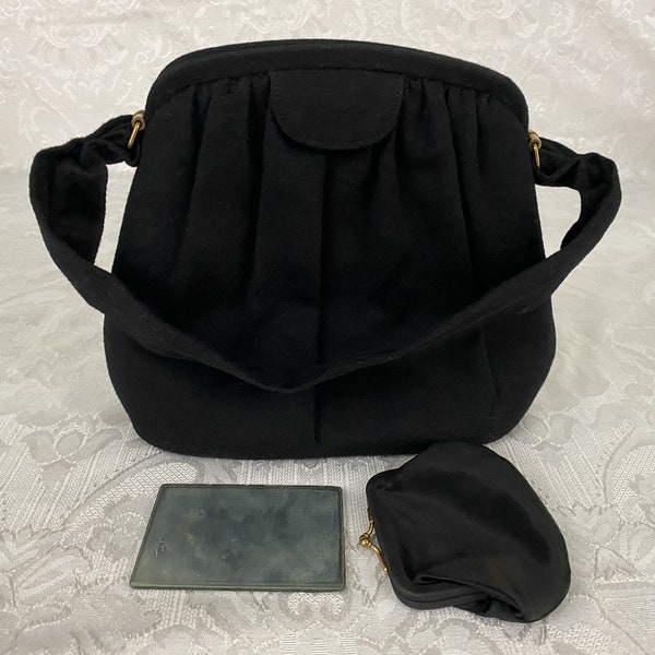 Vintage Women's Ingber Bag Black Wool Felt Purse Handbag Key Pully Chain P290