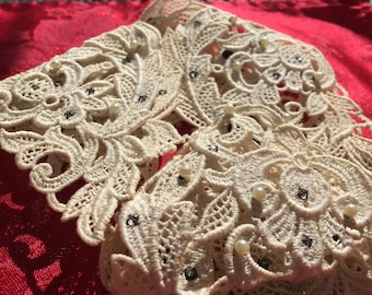 Antique Victorian Lace Collar and Cuff Set Ornate Studded Pearls & Rhinestones M82