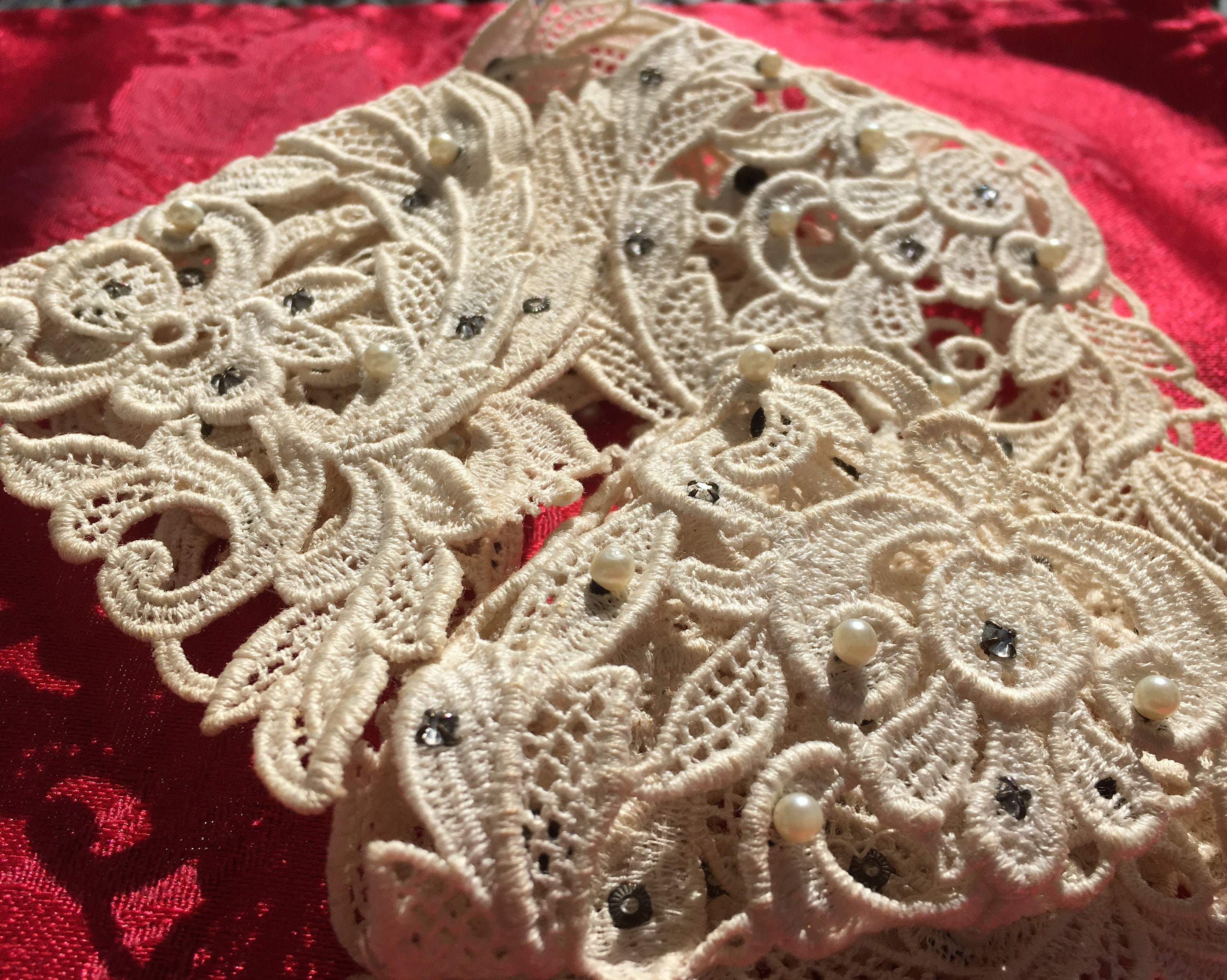 Antique Victorian Lace Collar and Cuff Set Ornate Studded Pearls & Rhinestones M82