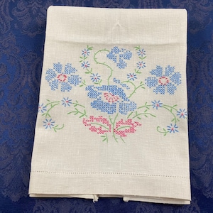 Vintage Linen Table Runner Dresser Scarf or Tea Towel Hand Embroidered Blue Flowers R267