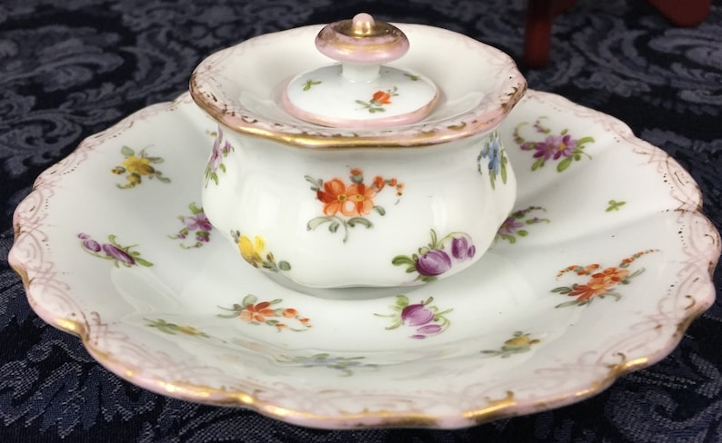 Antique Meissen Dresden Porcelain Inkwell Lid Under Plate Hand Painted Flower Pattern Gold Gilt