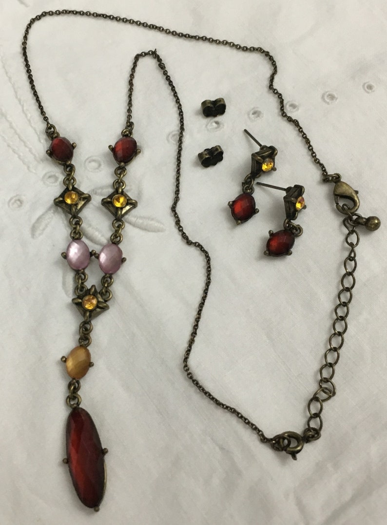 Vintage Costume Jewelry Gemstone Necklace and Earring Set Gold Finish