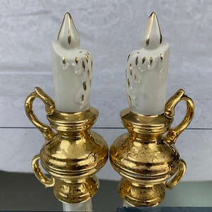 Vintage Dixon Art Studios Salt & Pepper Shaker Set &quot;Candle Sticks&quot; 22K Weeping Gold Gilded SP217