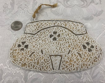 Vintage White & Brown Beaded Bag Clutch Coin Purse Metal Zipper plus Belt Loop P253