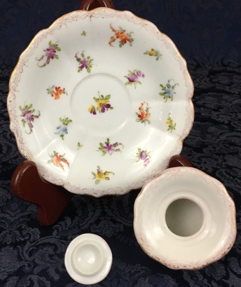 Antique Meissen Dresden Porcelain Inkwell Lid Under Plate Hand Painted Flower Pattern Gold Gilt