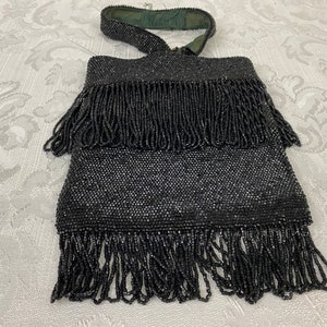 Antique Black Glass Beaded Flapper Purse Bag Top & Bottom Fringe Satin Lining P287