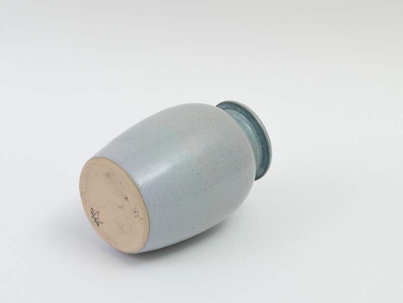 Pu&ograve; includere: Un vaso in ceramica blu chiaro con una glassa macchiettata. Il vaso ha un corpo arrotondato e un labbro leggermente svasato. Il fondo del vaso &egrave; contrassegnato da una piccola stella.