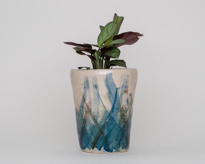 Small Planter Pen Pot Blue And Green Decoration On Cream Etsy