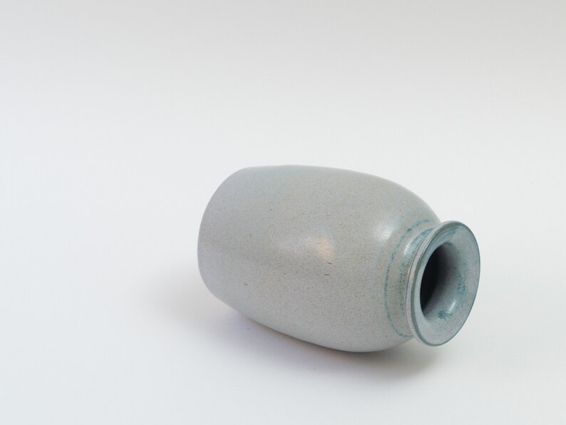 Pu&ograve; includere: Un vaso in ceramica grigio chiaro con una glassa blu intorno al bordo. Il vaso ha una forma ovale e una superficie testurizzata.