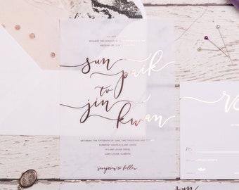 Vellum Wedding Invitation Suite - SUN & JIN | Foil Wedding Invitations | Romantic Invitation | Wedding Calligraphy Invites