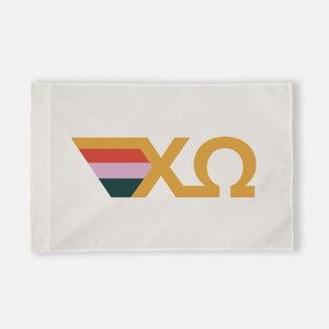 May include: White flag with a gold "XO" logo and a colorful striped design in the shape of a wing.