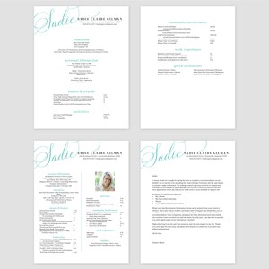 Może przedstawiać: Jasnoniebieskie i białe CV z nazwą Sadie Claire Gilman na g&oacute;rze. CV zawiera sekcje dotyczące edukacji, informacji osobistych, wyr&oacute;żnień i nagr&oacute;d, działań, zaangażowania społecznego, doświadczenia zawodowego i przynależności greckich.