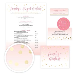 May include: A pink and gold resume template with a polka dot pattern. The resume includes the name Penelope Abigail Winters, contact information, education, personal information, honors and awards, and a list of activities. The resume is designed to be eye-catching and professional.