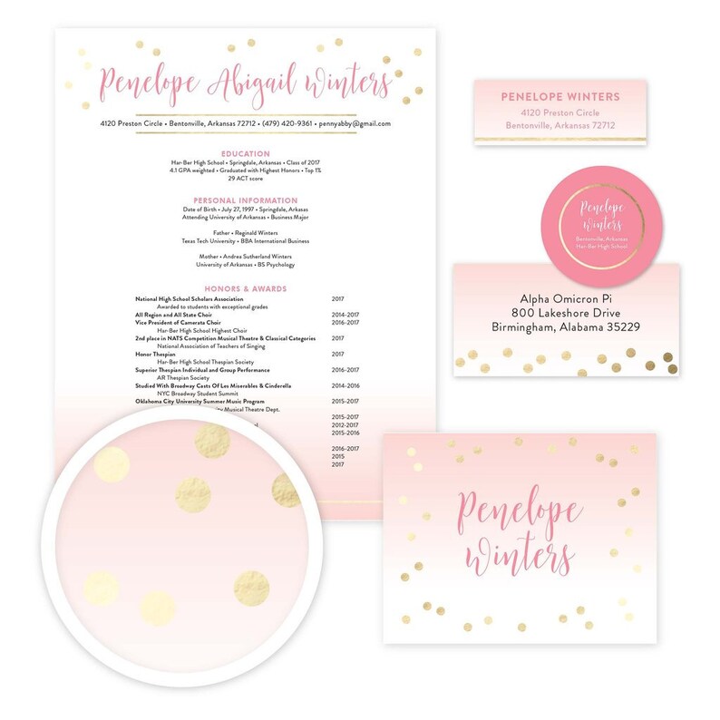 May include: A pink and gold resume template with a polka dot pattern. The resume includes the name Penelope Abigail Winters, contact information, education, personal information, honors and awards, and a list of activities. The resume is designed to be eye-catching and professional.