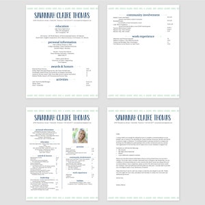 May include: A four-page CV for Savannah Claire Thomas, detailing education, personal information, awards, activities, community involvement, and work experience. The document is printed on white paper with a blue decorative border and text.