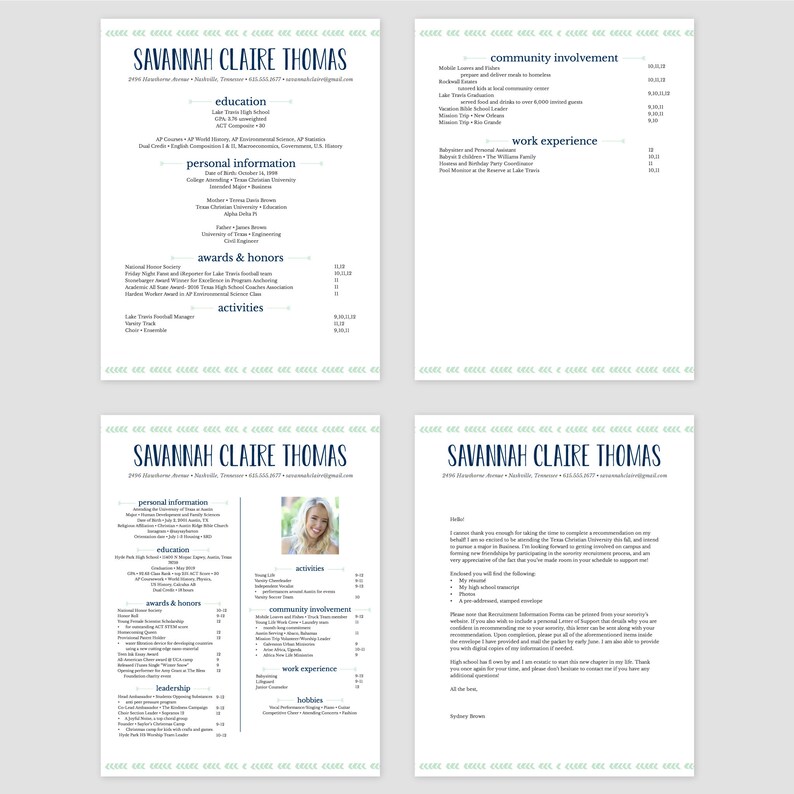 May include: A four-page CV for Savannah Claire Thomas, detailing education, personal information, awards, activities, community involvement, and work experience. The document is printed on white paper with a blue decorative border and text.
