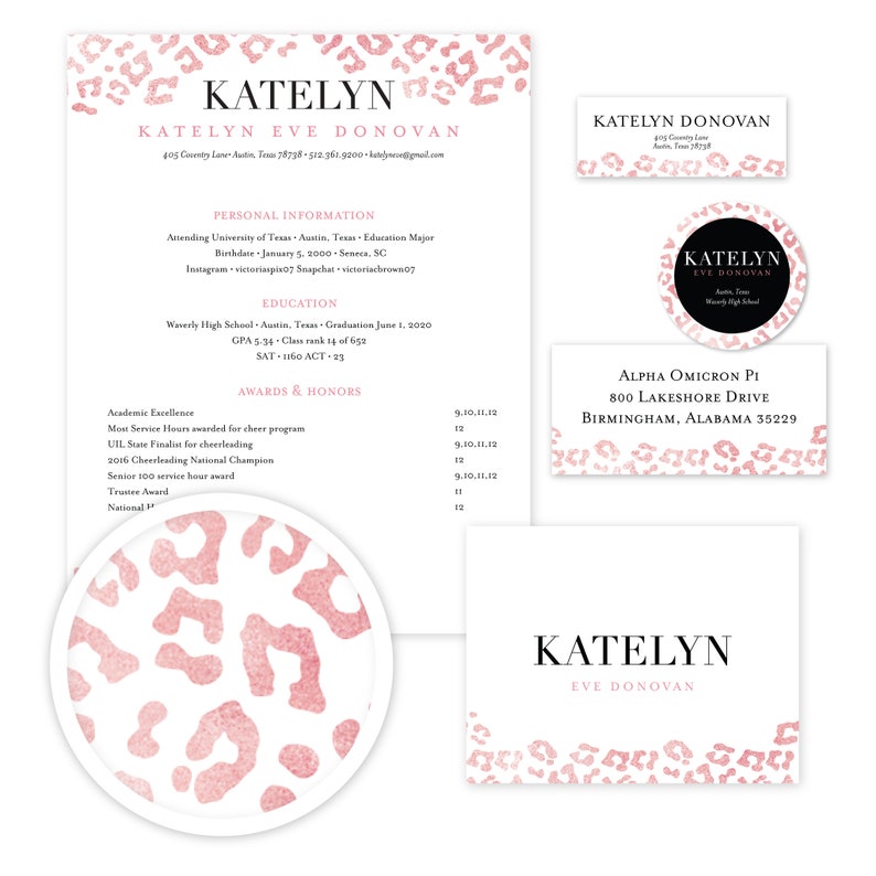 May include: A pink and white leopard print design with the name "KATELYN EVE DONOVAN" and contact information. The design is repeated on a business card with the text "KATELYN EVE DONOVAN" and the text "ALPHA OMICRON PI 800 LAKESHORE DRIVE BIRMINGHAM, ALABAMA 35229".