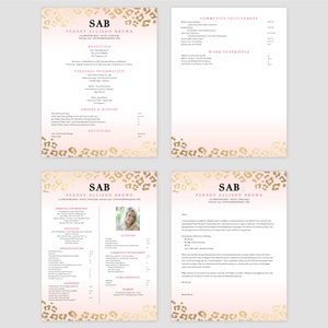 May include: A pink and gold resume template with a leopard print background. The resume is for Sydney Allison Brown and includes sections for education, work experience, community involvement, awards and honors, and activities.