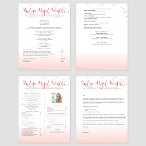 May include: A pink and gold resume template with a photo of a woman in the top right corner. The resume includes sections for education, personal information, activities, awards and honors, leadership, community involvement, work experience, and hobbies. The resume is decorated with gold confetti.