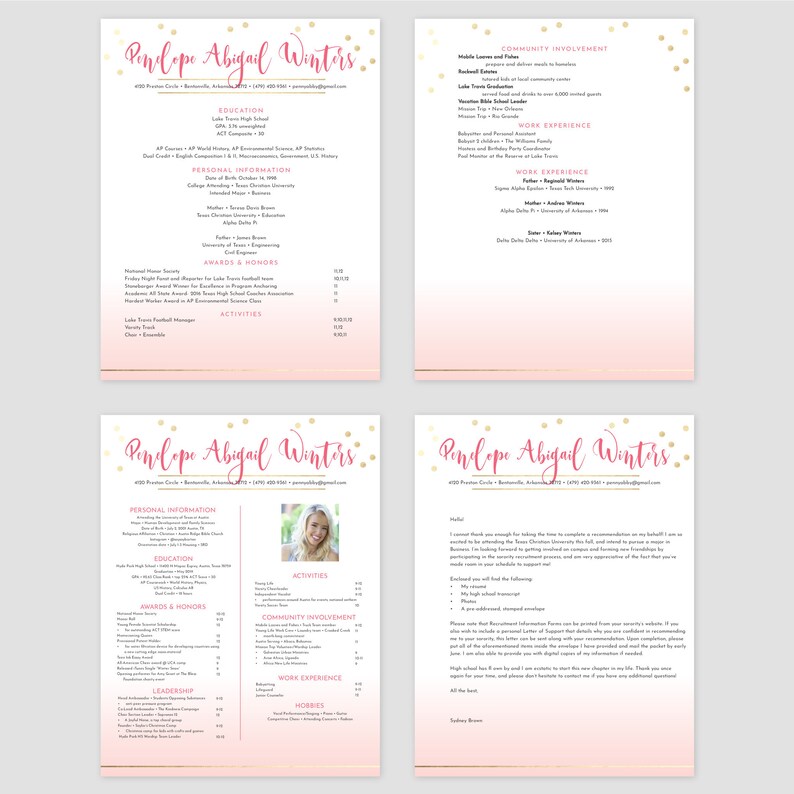 May include: A pink and gold resume template with a photo of a woman in the top right corner. The resume includes sections for education, personal information, activities, awards and honors, leadership, community involvement, work experience, and hobbies. The resume is decorated with gold confetti.