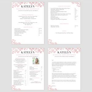 May include: A pink and white resume with a leopard print background. The resume includes personal information, education, awards and honors, leadership, community involvement, work experience, hobbies, and a thank you note.