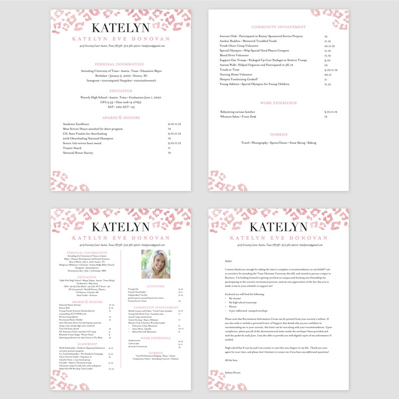 May include: A pink and white resume with a leopard print background. The resume includes personal information, education, awards and honors, leadership, community involvement, work experience, hobbies, and a thank you note.