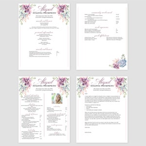 May include: A resume template with a floral design featuring succulents in shades of pink, green, and blue. The resume is for Abigail Susanna Tompkins and includes sections for personal information, education, awards and honors, community involvement, work experience, Greek affiliations, and hobbies.