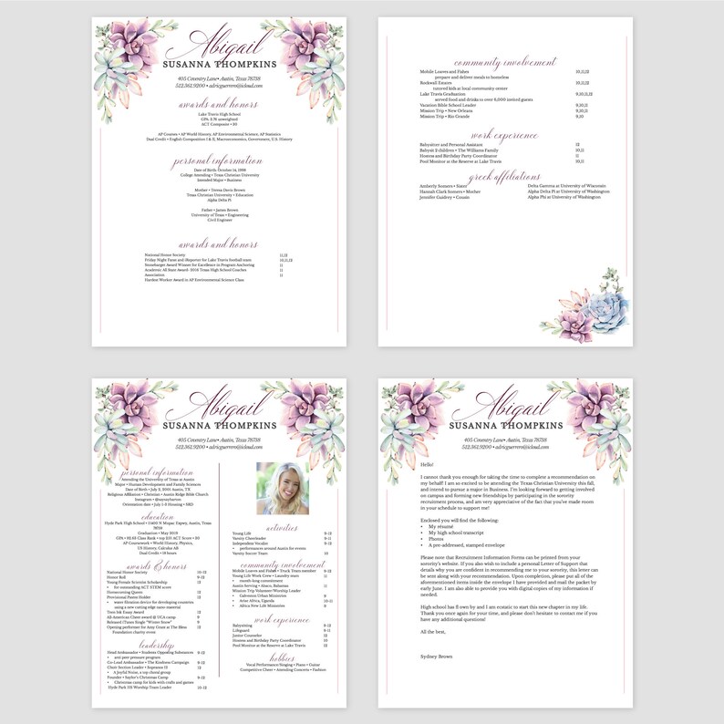 May include: A resume template with a floral design featuring succulents in shades of pink, green, and blue. The resume is for Abigail Susanna Tompkins and includes sections for personal information, education, awards and honors, community involvement, work experience, Greek affiliations, and hobbies.