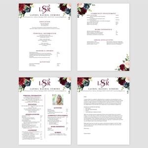 K&ouml;nnte beinhalten: Ein Lebenslauf mit einem floralen Design mit burgunderfarbenen und marineblauen Blumen. Der Lebenslauf ist f&uuml;r Laurel Rachel Somers und enth&auml;lt Abschnitte f&uuml;r Ausbildung, Berufserfahrung, gesellschaftliches Engagement, Auszeichnungen und Ehrungen, Aktivit&auml;ten und F&uuml;hrungsqualit&auml;ten.