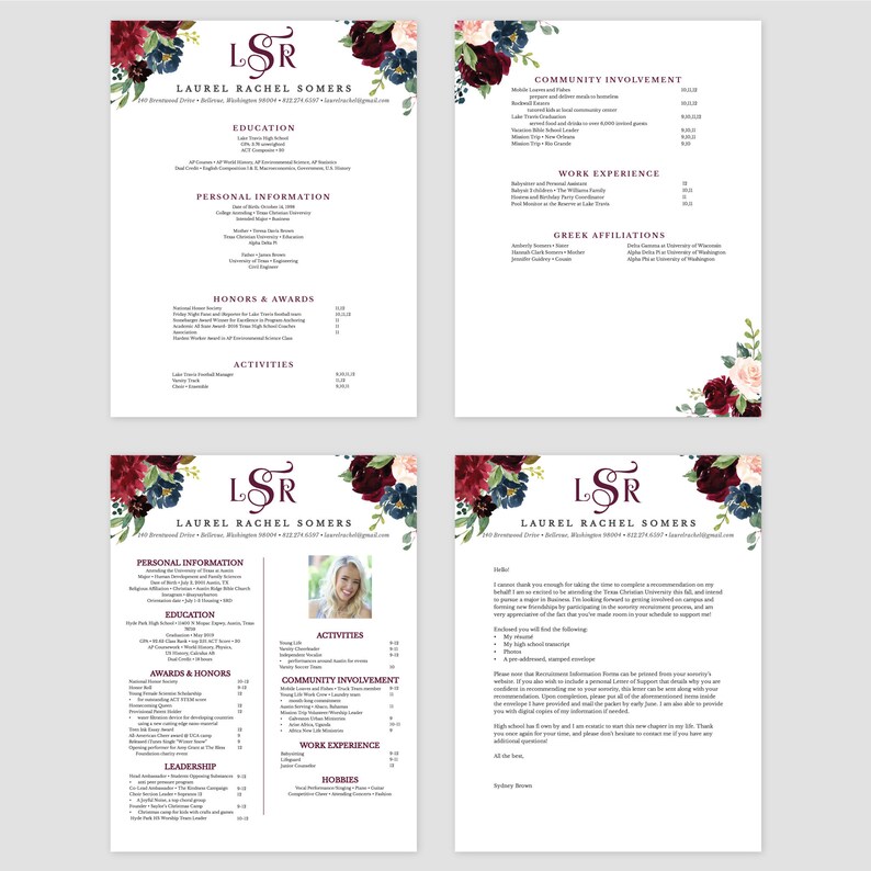K&ouml;nnte beinhalten: Ein Lebenslauf mit einem floralen Design mit burgunderfarbenen und marineblauen Blumen. Der Lebenslauf ist f&uuml;r Laurel Rachel Somers und enth&auml;lt Abschnitte f&uuml;r Ausbildung, Berufserfahrung, gesellschaftliches Engagement, Auszeichnungen und Ehrungen, Aktivit&auml;ten und F&uuml;hrungsqualit&auml;ten.