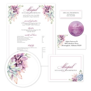 May include: A resume template with a watercolor succulent design. The resume includes personal information, education, awards and honors, and leadership experience. The text includes the name Abigail Susanna Thompkins, along with contact information, school, GPA, and other details.