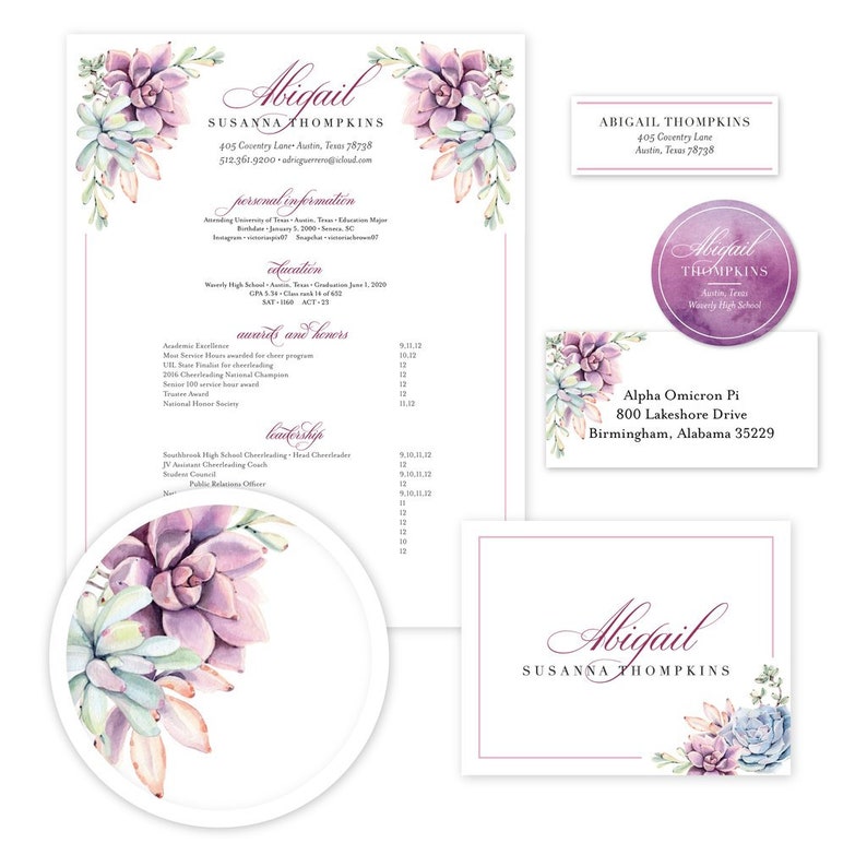 May include: A resume template with a watercolor succulent design. The resume includes personal information, education, awards and honors, and leadership experience. The text includes the name Abigail Susanna Thompkins, along with contact information, school, GPA, and other details.