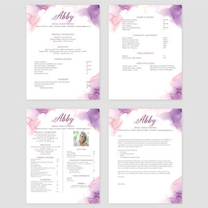 Puede incluir: Un curr&iacute;culum con un fondo de acuarela morado y rosa. El curr&iacute;culum es para Abby Abigail Grace Fordham. Incluye informaci&oacute;n personal, educaci&oacute;n, premios y honores, liderazgo, actividades, participaci&oacute;n comunitaria, experiencia laboral, afiliaciones griegas y pasatiempos.