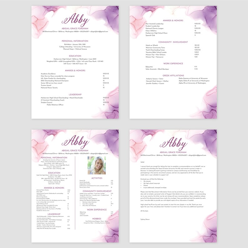 Puede incluir: Un curr&iacute;culum con un fondo de acuarela morado y rosa. El curr&iacute;culum es para Abby Abigail Grace Fordham. Incluye informaci&oacute;n personal, educaci&oacute;n, premios y honores, liderazgo, actividades, participaci&oacute;n comunitaria, experiencia laboral, afiliaciones griegas y pasatiempos.
