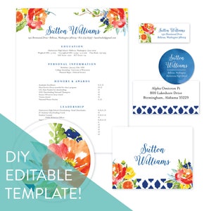 May include: Editable template for a graduation announcement with a watercolor floral design in shades of blue, orange, and pink. The template includes a resume, a business card, and a sorority announcement.