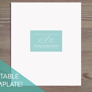 May include: A white printable template with a light blue square in the center. The square has a white cursive monogram "RDC" and the text "Rachel Claire Dailey" in white. The text "DIY EDITABLE TEMPLATE!" is in a teal green color at the bottom of the image.