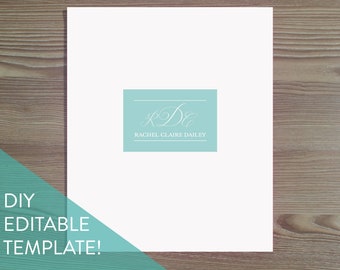 May include: A white printable template with a light blue square in the center. The square has a white cursive monogram "RDC" and the text "Rachel Claire Dailey" in white. The text "DIY EDITABLE TEMPLATE!" is in a teal green color at the bottom of the image.