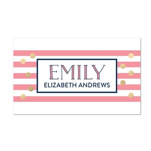 May include: A pink and white striped background with gold confetti and a navy blue rectangle with the text "EMILY ELIZABETH ANDREWS" in pink.