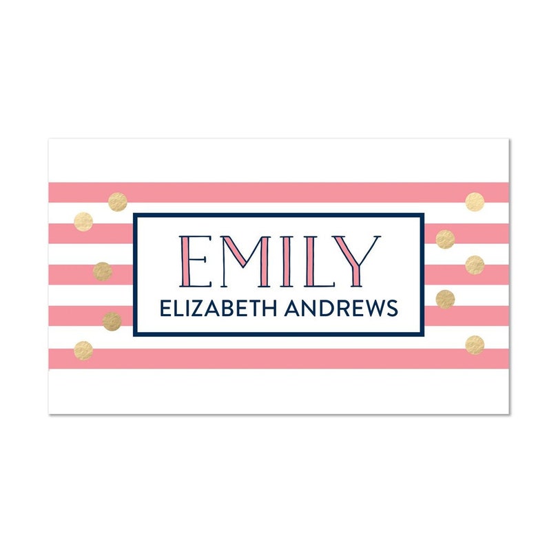 May include: A pink and white striped background with gold confetti and a navy blue rectangle with the text "EMILY ELIZABETH ANDREWS" in pink.