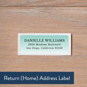 May include: A light blue return address label with white border, featuring the text "DANIELLE WILLIAMS", "2856 Meadows Boulevard", "San Diego, California 92130" and the words "Return (Home) Address Label" in a dark blue banner at the bottom.