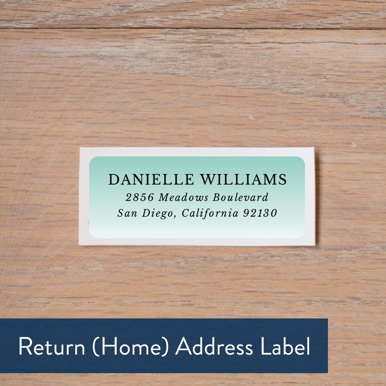 May include: A light blue return address label with white border, featuring the text "DANIELLE WILLIAMS", "2856 Meadows Boulevard", "San Diego, California 92130" and the words "Return (Home) Address Label" in a dark blue banner at the bottom.
