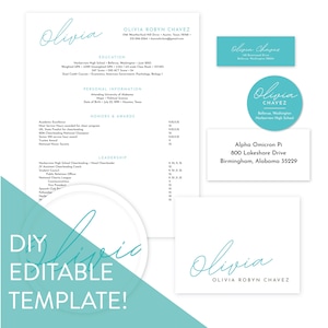 Puede incluir: Una plantilla de currículum vitae imprimible en azul turquesa y blanco con el nombre Olivia Robyn Chavez. La plantilla incluye secciones para educación, información personal, honores y premios, y liderazgo. La plantilla es personalizable y se puede utilizar para una variedad de propósitos.