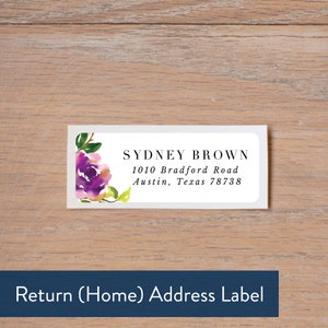 May include: A white return address label with a watercolor floral design in shades of purple, pink, and green. The text on the label reads "SYDNEY BROWN, 1010 Bradford Road, Austin, Texas 78738".