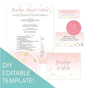 May include: A pink and white printable template with gold confetti for a name card, address label, and a plate. The text on the template reads "Penelope Abigail Winters" and "DIY Editable Template!"