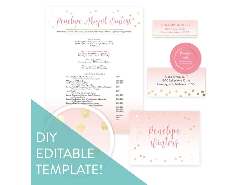 May include: A pink and white printable template with gold confetti for a name card, address label, and a plate. The text on the template reads "Penelope Abigail Winters" and "DIY Editable Template!"