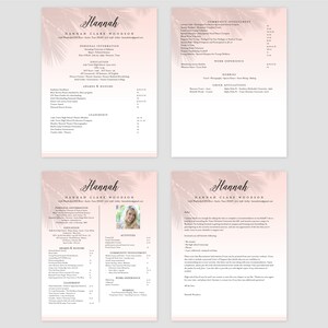 May include: A pink and white resume template featuring a palm tree design. The resume includes personal information, education, awards and honours, leadership, community involvement, work experience, hobbies, and Greek affiliations. The resume is for Hannah Clare Woodson.