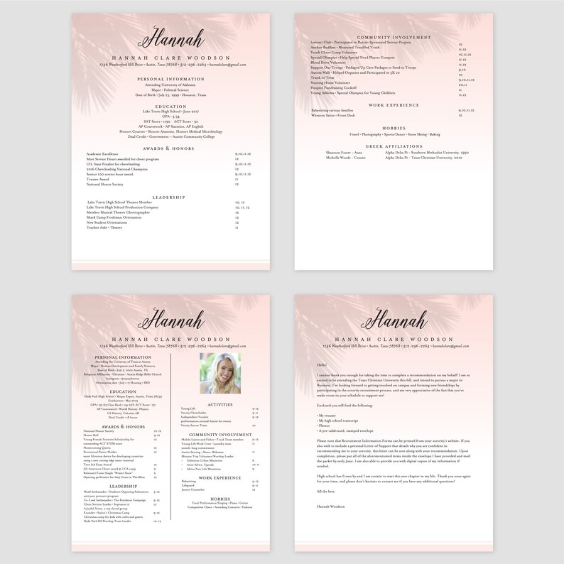 May include: A pink and white resume template featuring a palm tree design. The resume includes personal information, education, awards and honours, leadership, community involvement, work experience, hobbies, and Greek affiliations. The resume is for Hannah Clare Woodson.